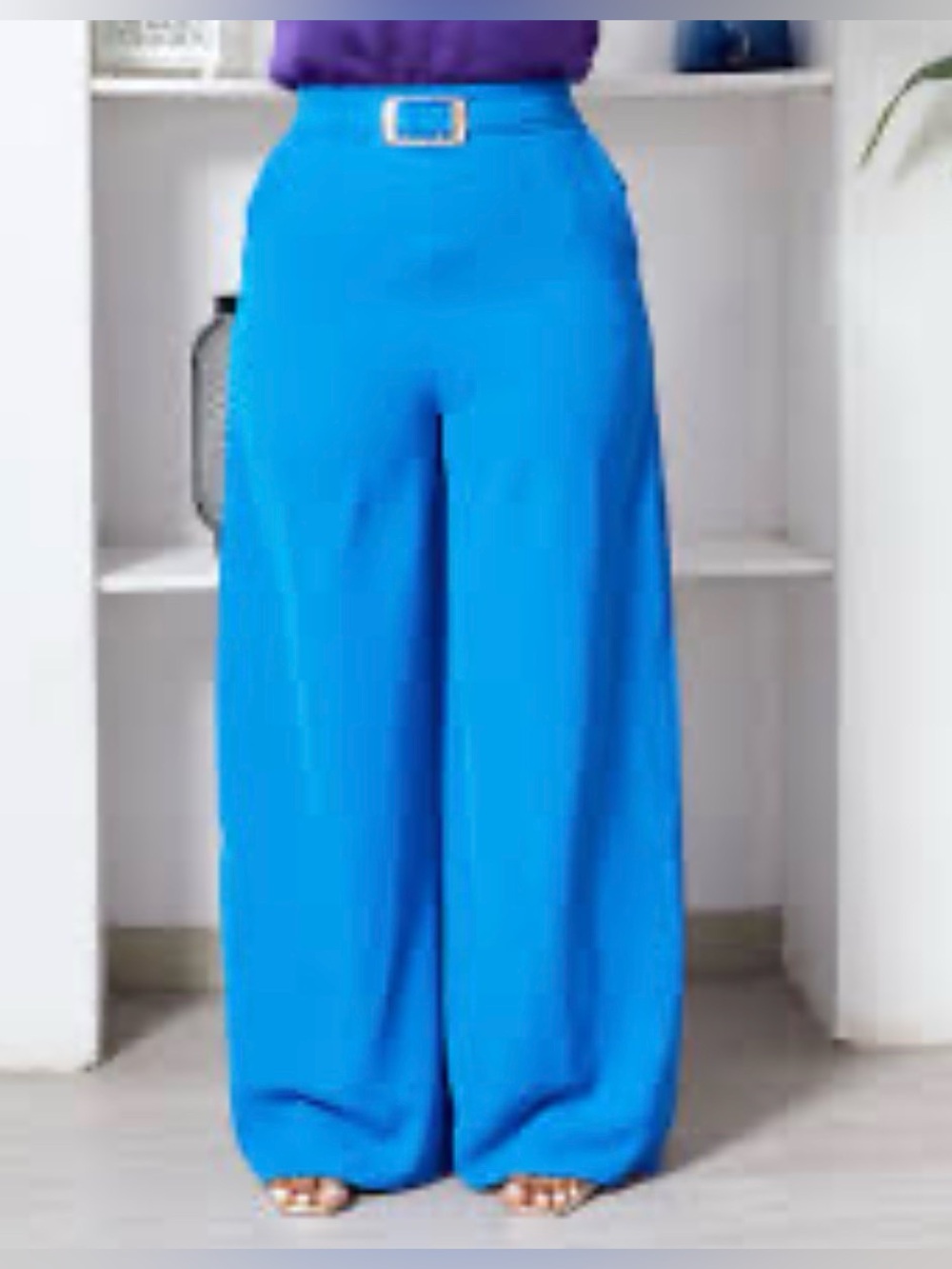 #1422 Messini High-Waist Wide-Leg Pants with Belt in Bright Blue